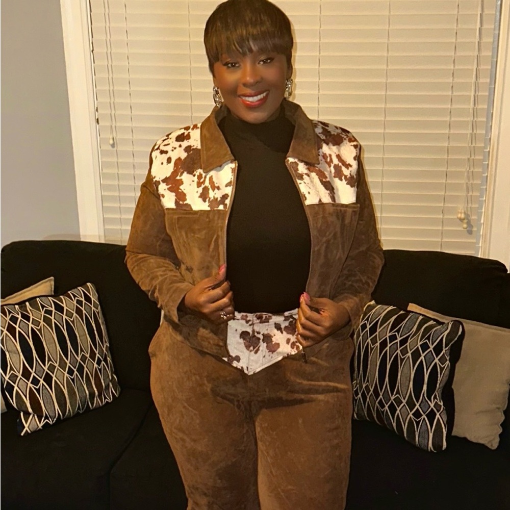 Fashion Nova Brown Suede Jacket with Cowhide-Print Panels and Pants